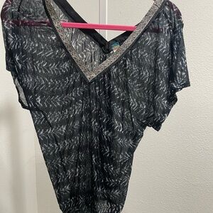 Free People Black Sheer Blouse with Silver Trim